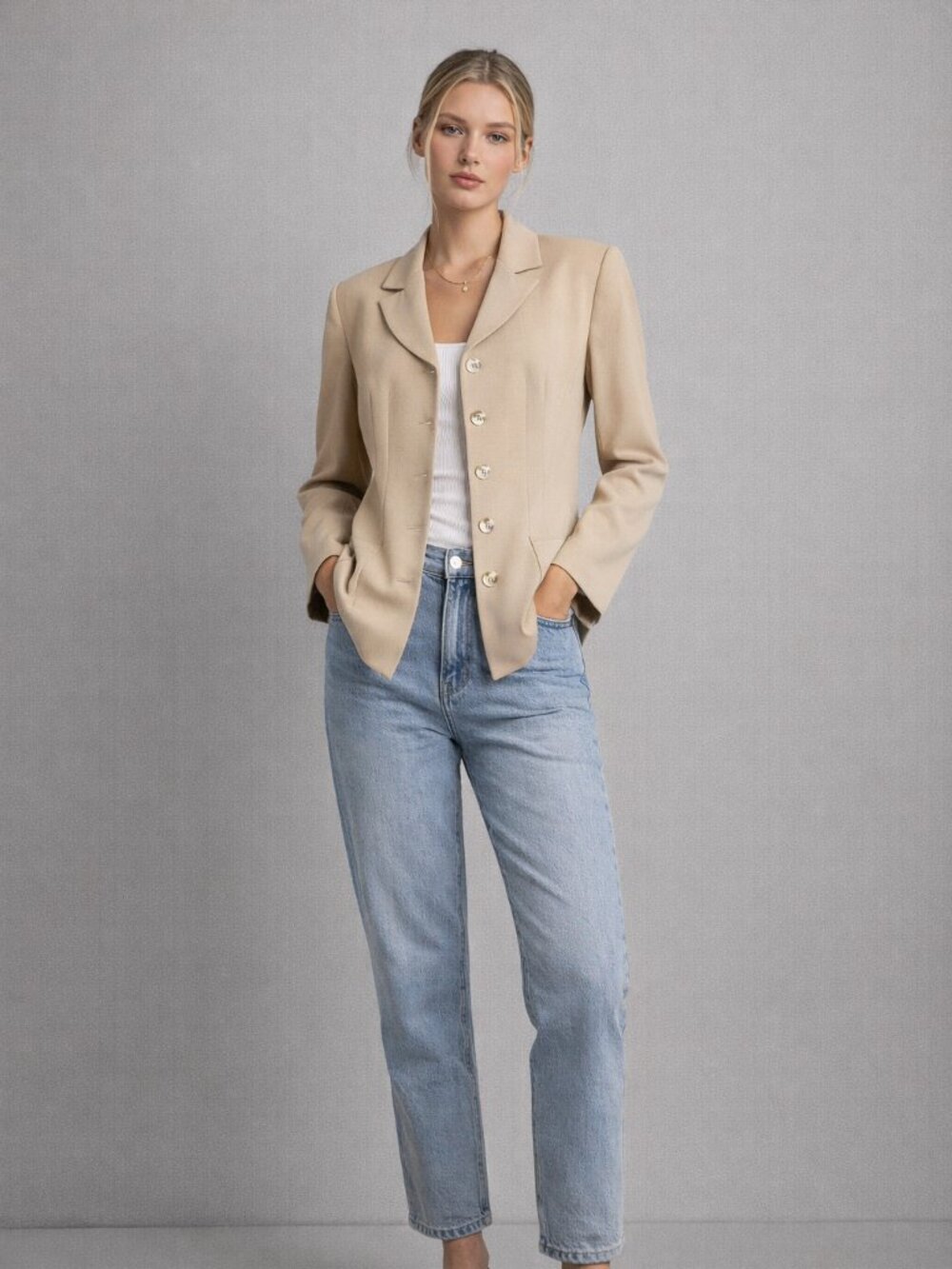 Vintage 90s Peggy Jennings Mother Of Pearl Button Blazer Jacket Tan Tailored